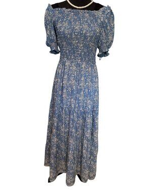 Max Studio Floral Smocked Maxi Dress Boho Cottage Core Tiered Puff Sleeves